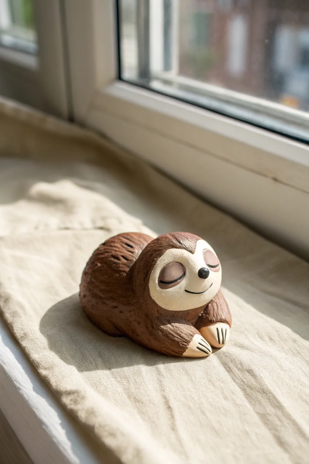 Sleepy mini sloth figurine in matte cocoa and cream, minimalist and cozy with soft natural light