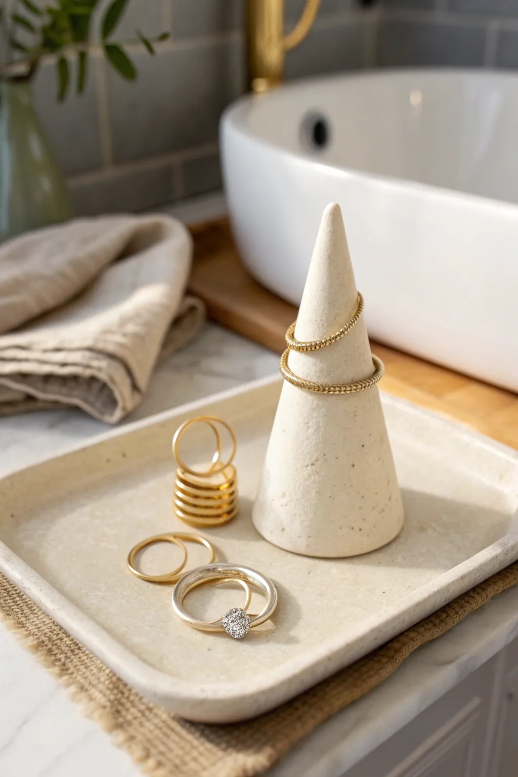 Minimal matte ring cone holder in air dry clay, styled by the sink with simple stacked rings
