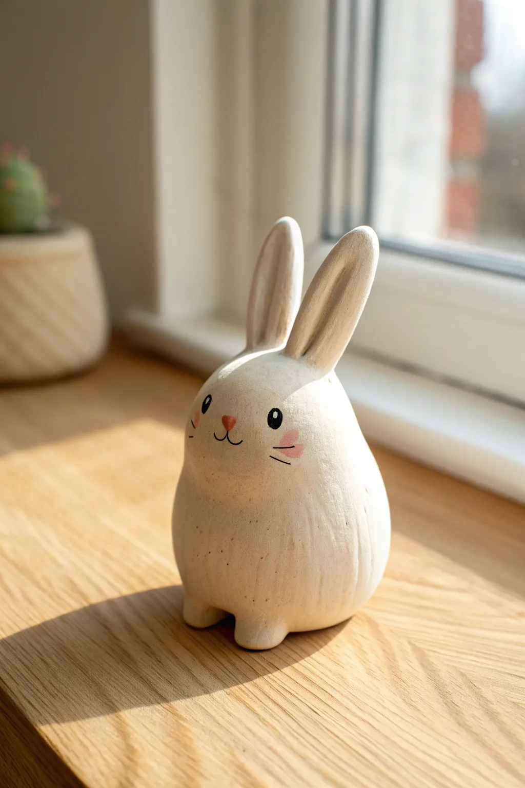 Chubby clay bunny with tiny paws in soft cream and blush, a sweet minimalist boho accent