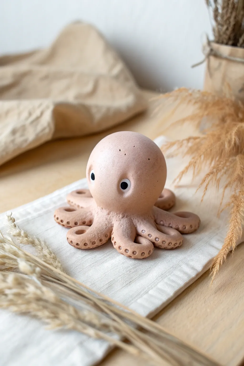 Cute chubby clay octopus desk buddy in Scandinavian minimalist style, simple and calming.