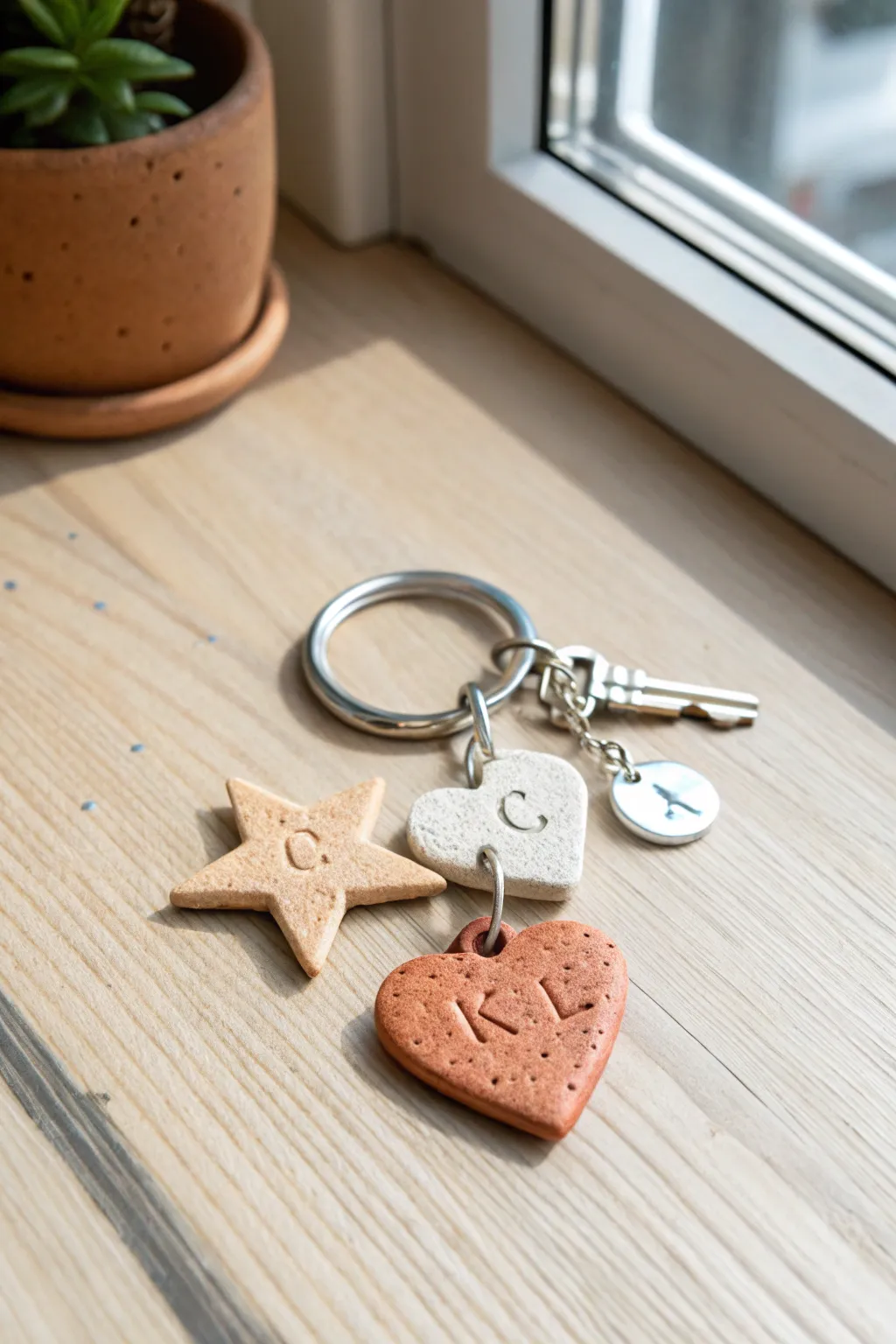 Minimal clay charm keychain with star, heart, and initial tag in soft neutral tones.