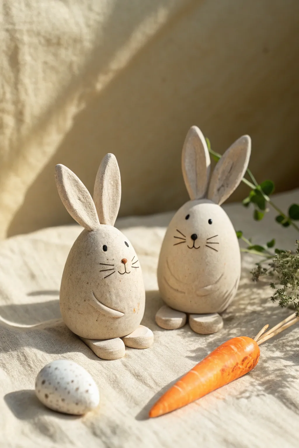 Round egg-shaped mini bunny buddies with a pastel carrot, minimalist boho charm in soft light