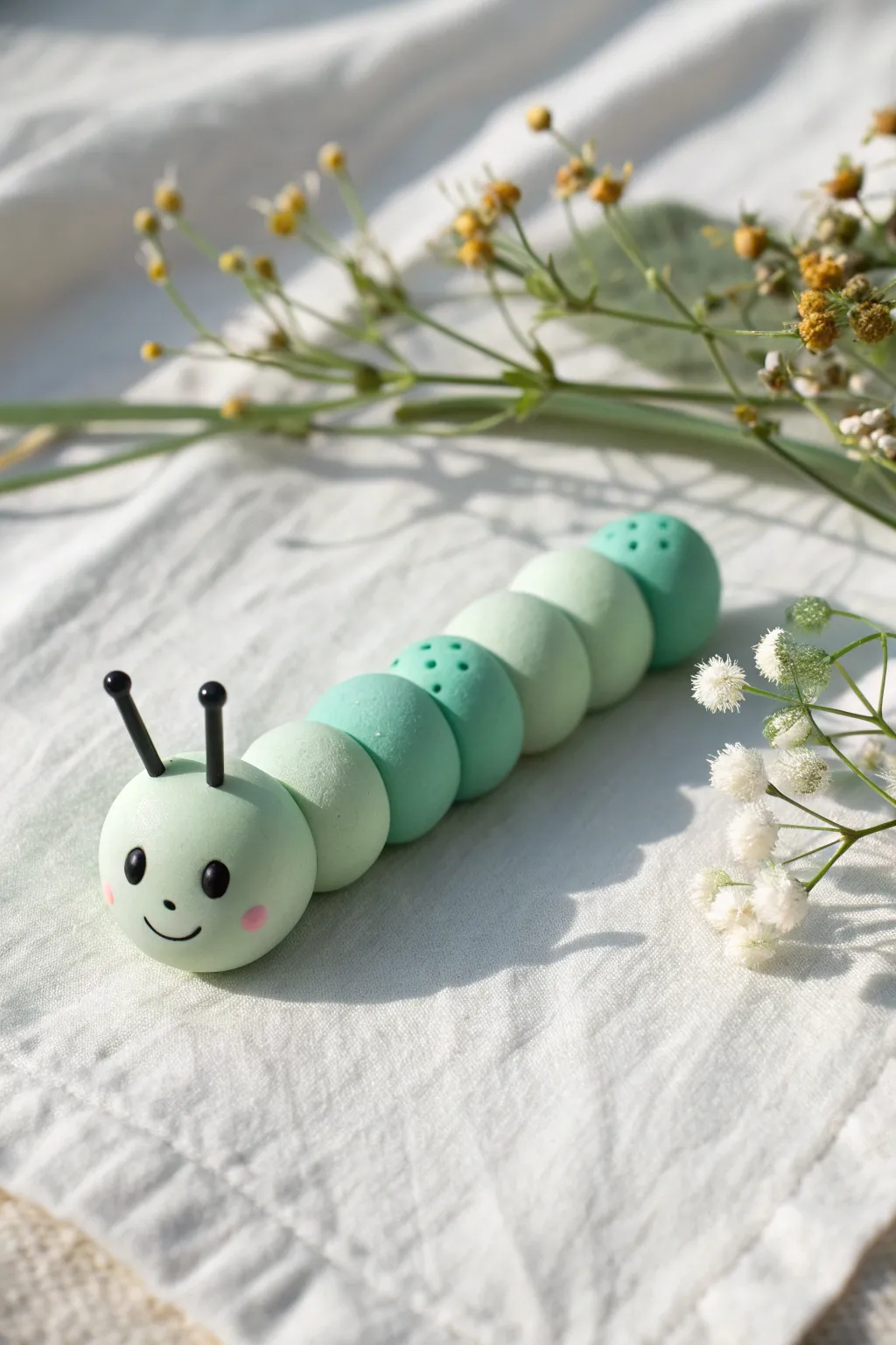 Sweet clay-ball caterpillar in sage and teal, a simple kid-friendly project with minimalist charm.