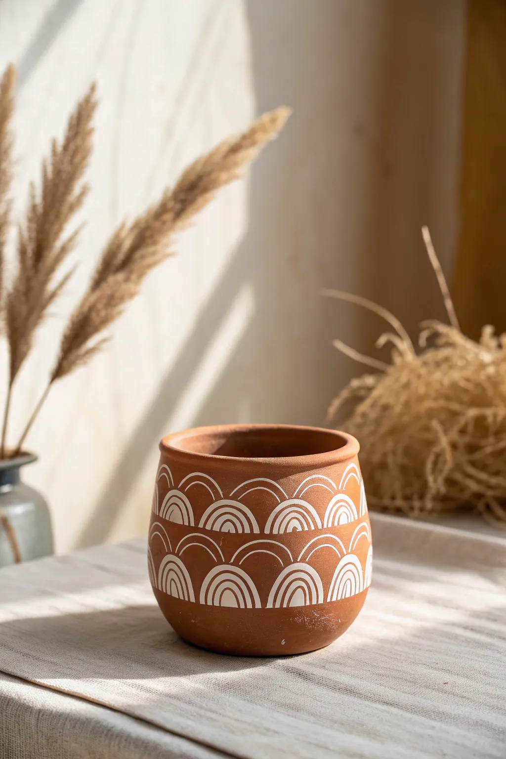 Tiny stenciled clay pot with bold arches for an easy minimalist boho pop on your shelf.