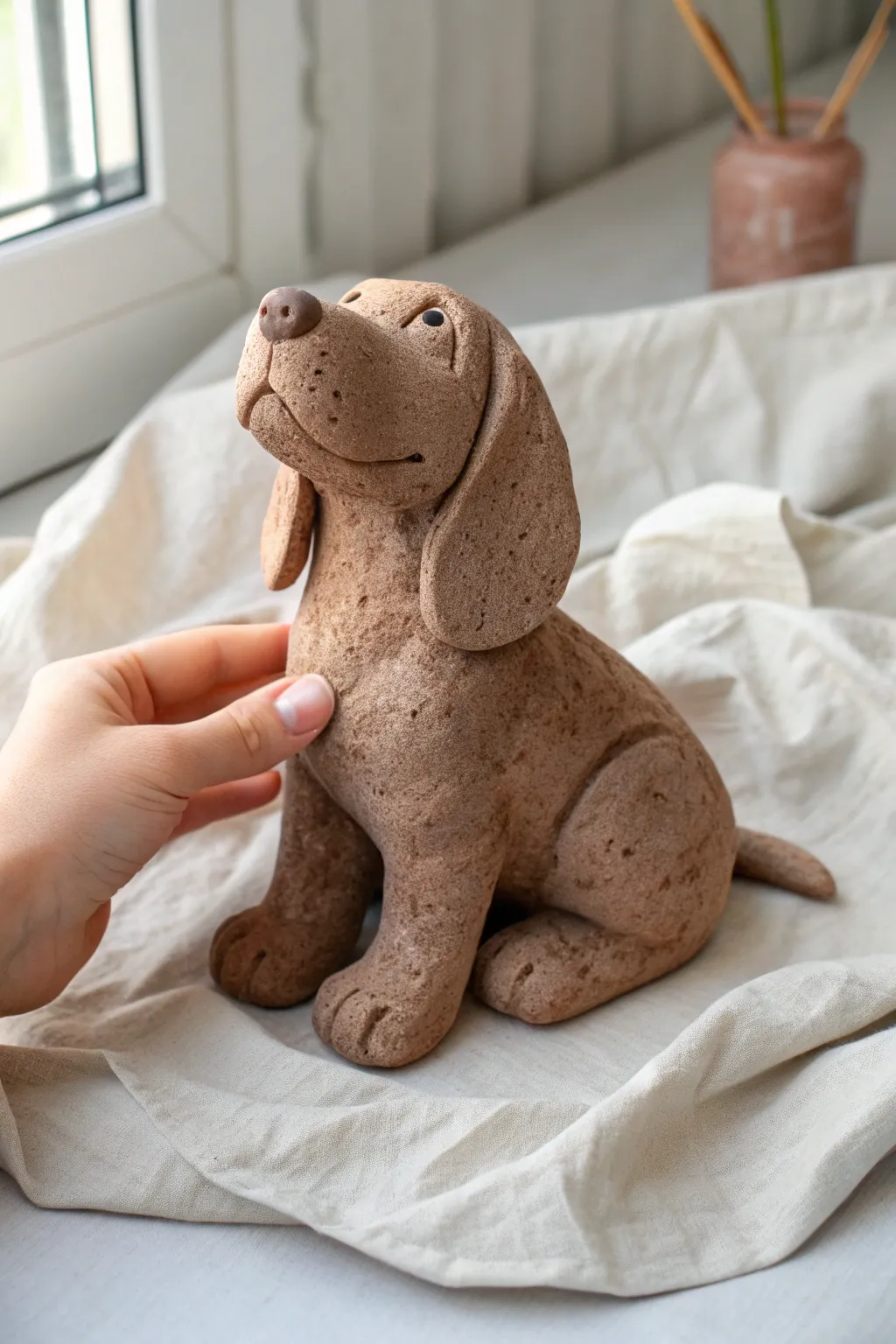 Pocket-size clay pup with floppy ears and a big nose, styled in soft linen for cozy minimal vibes