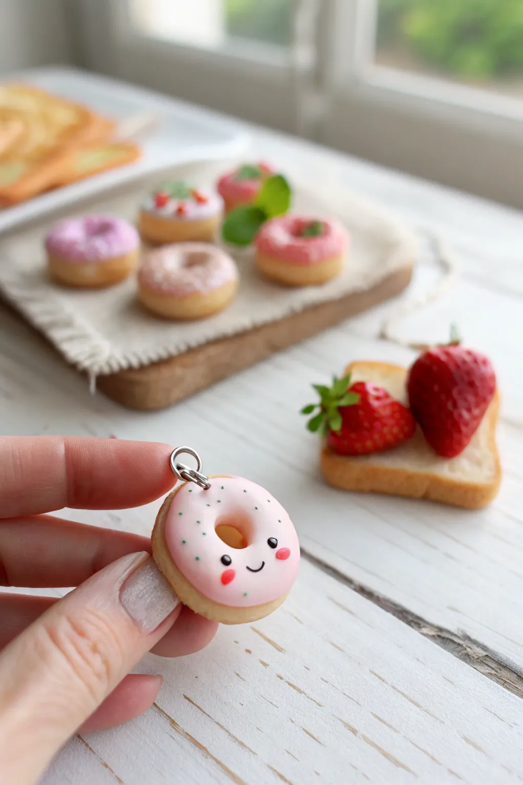 Kawaii mini donut charm in focus, with strawberry and toast softly blurred for sweet scale