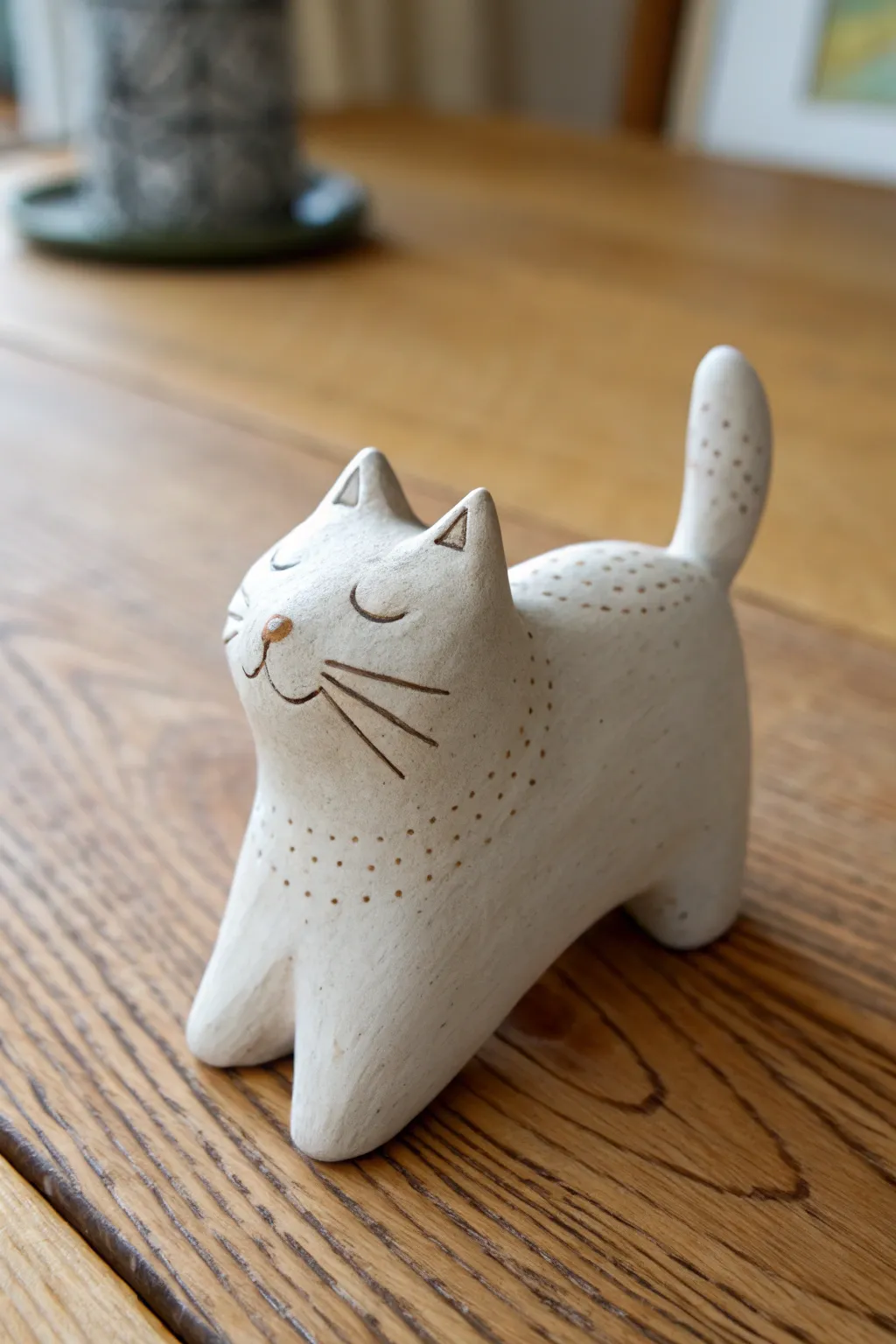 Pocket-size clay cat in a cozy stretch pose, simple lines and warm wood for calm contrast.