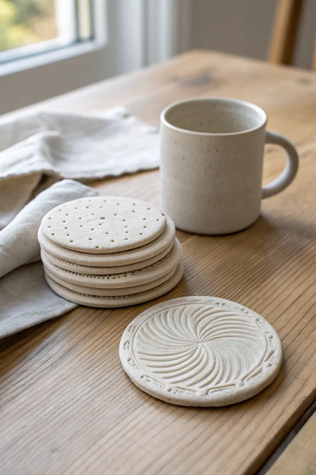 Simple textured clay coasters stacked with a cozy mug, minimalist Scandinavian boho warmth.