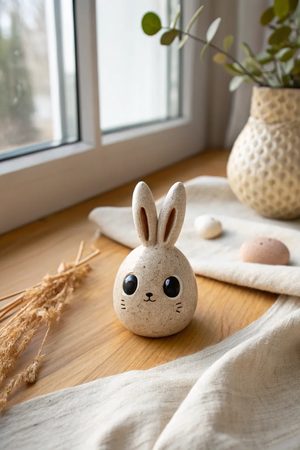 Tiny chibi pebble bunny buddy, smooth and sweet with wide eyes in warm minimalist styling