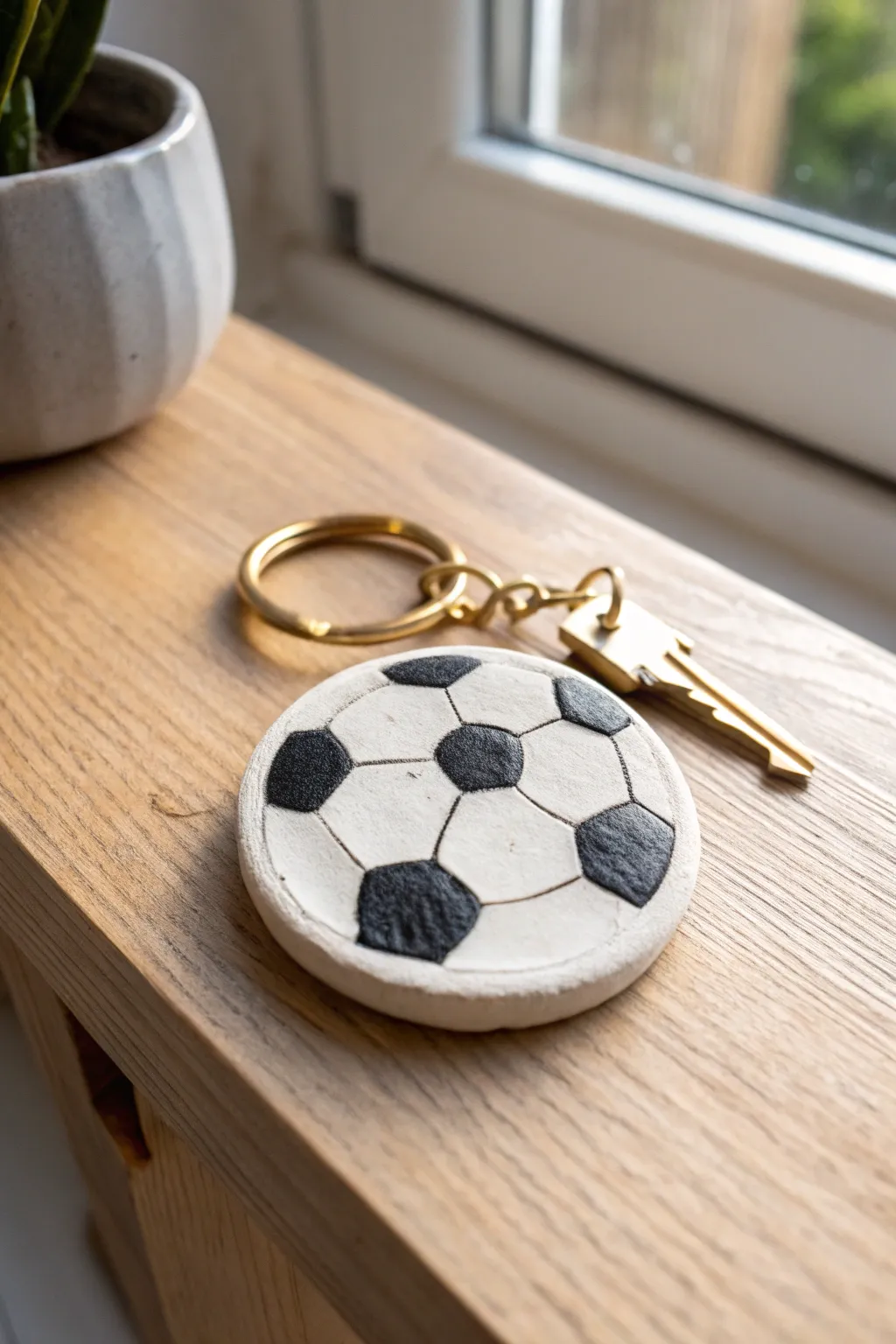 Minimalist clay soccer ball keychain tag in soft neutrals, perfect for handmade gift ideas.
