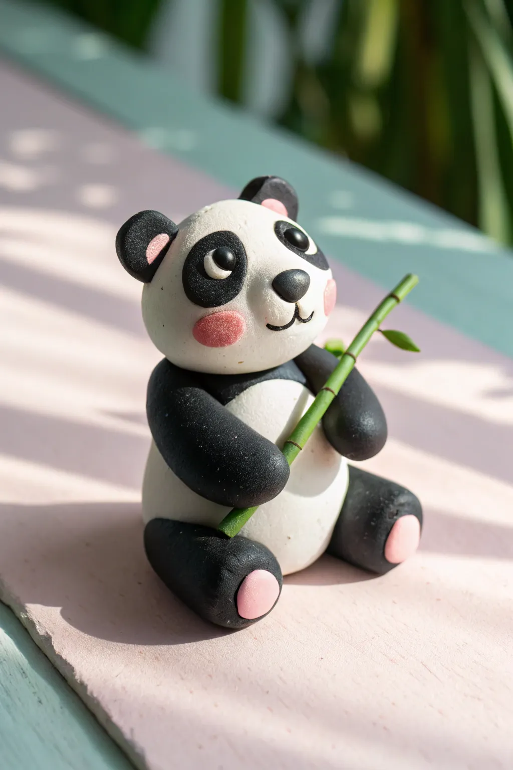 Soft clay panda holding tiny bamboo, minimalist pastel backdrop, sweet Scandinavian boho vibe.