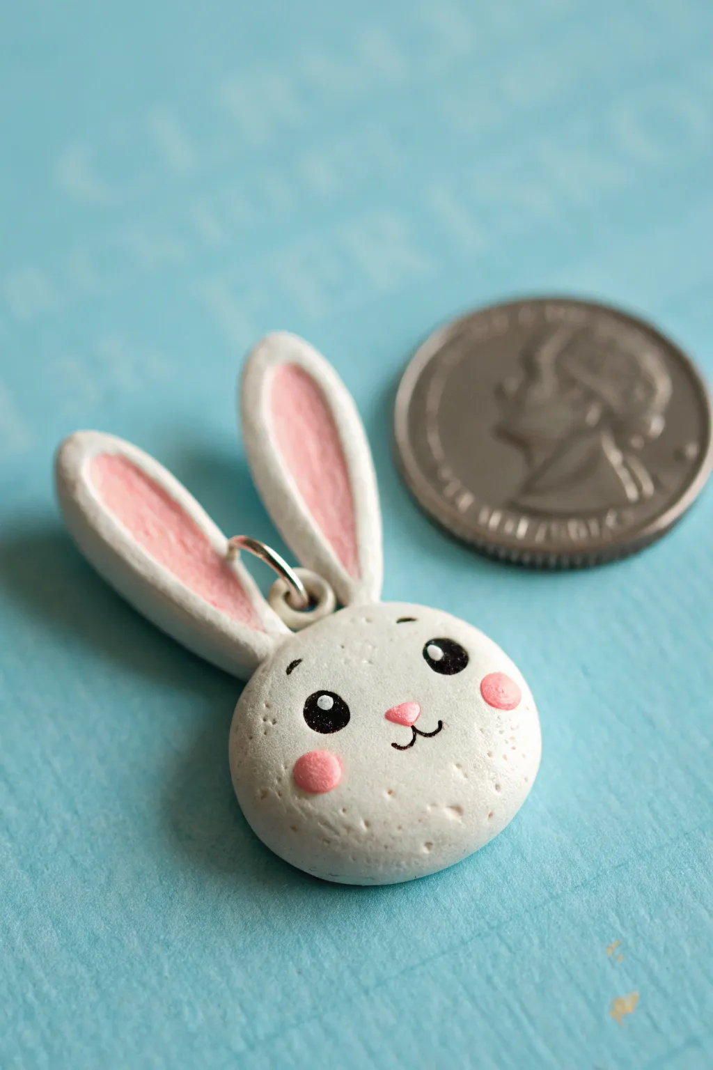 Sweet soft-clay bunny charm with long ears and blush cheeks, shown with a coin for scale