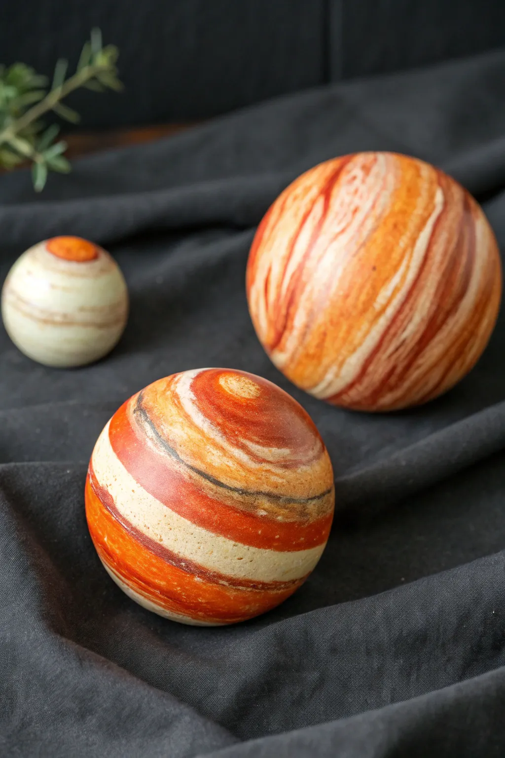 Warm swirled gas giant clay planets on a dark backdrop for striking, minimalist space decor.
