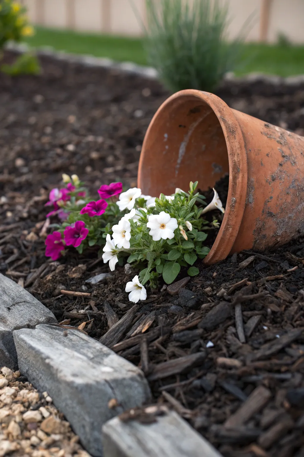 Broken pot spill in dark mulch, bright blooms flowing out for a bold, graphic garden accent