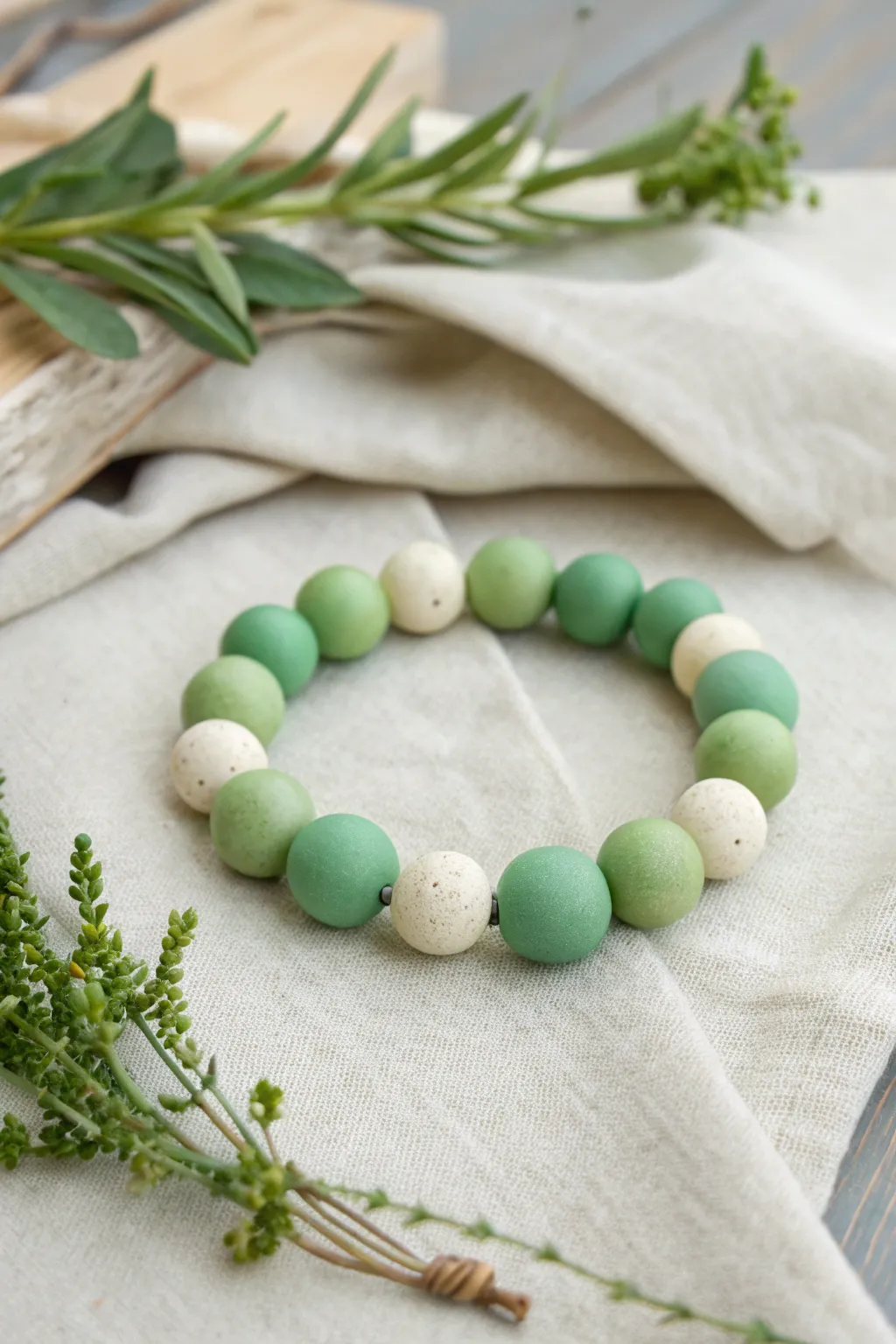 Fresh green clay bead bracelet in sage and mint with creamy accents, styled on linen