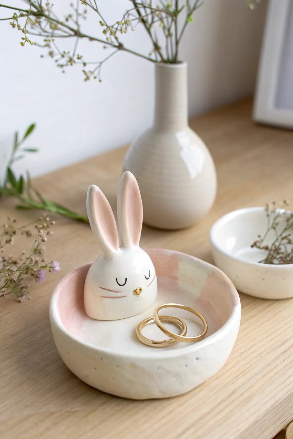 Sweet bunny ring dish in creamy glaze, styled with spring blooms for a calm minimalist vibe