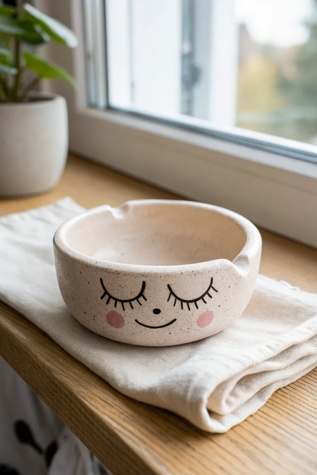 Goofy chill-face clay ashtray in soft pastels, minimalist boho styling for a playful vibe.