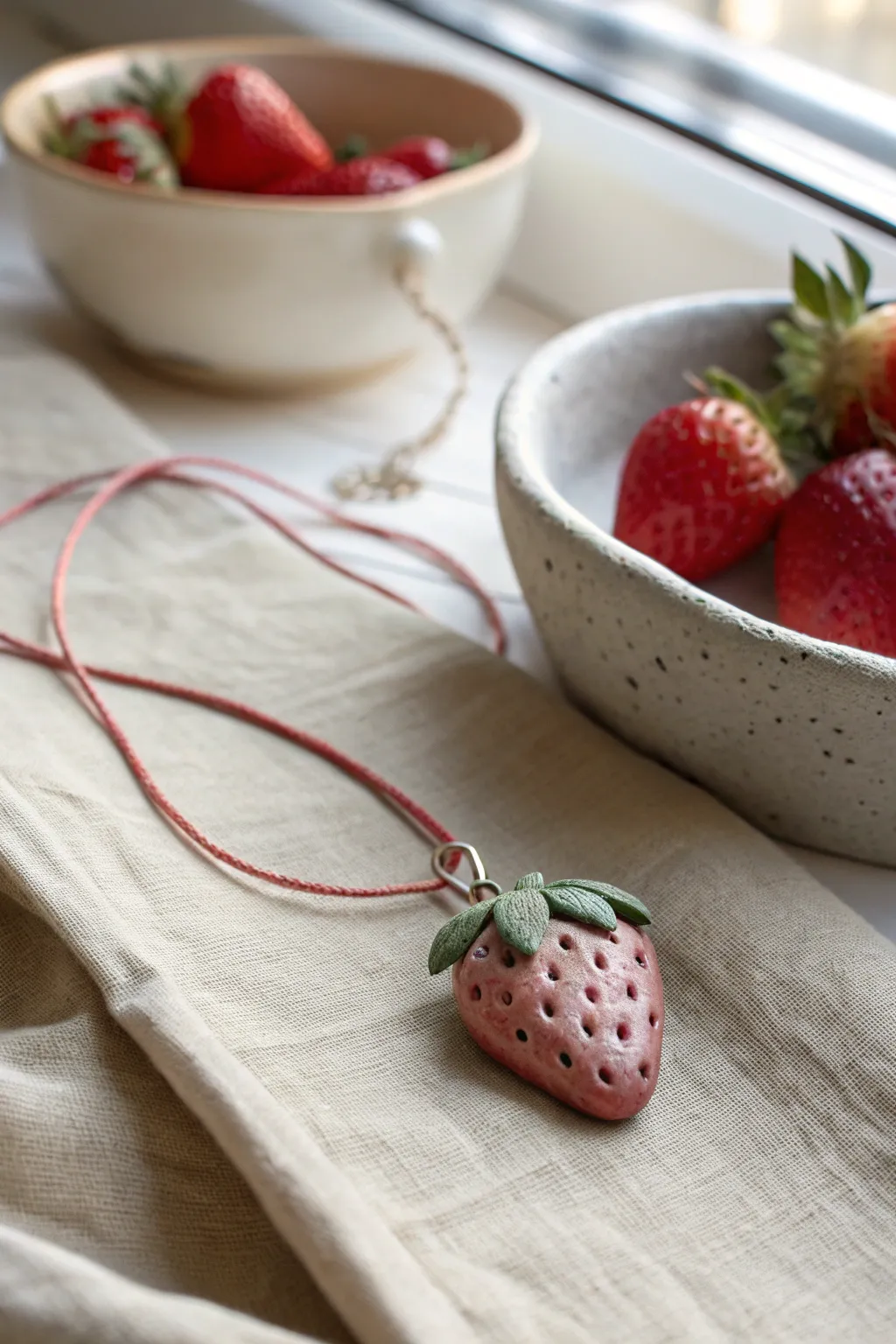 Sweet handmade strawberry pendant with leafy calyx, satin finish, minimal boho styling.
