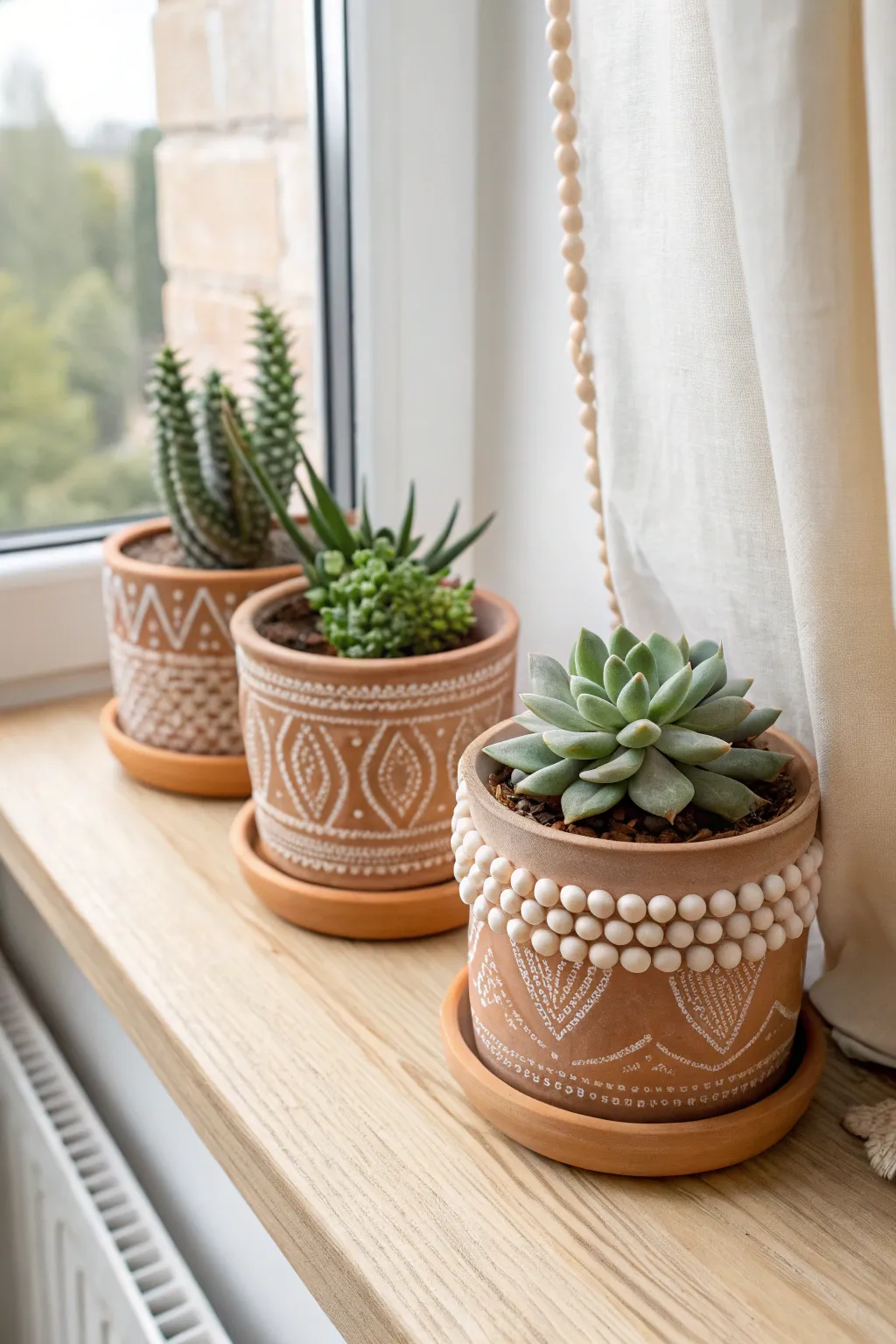 Three matching mini clay pots with varied succulents, styled in a calm Scandinavian boho trio.