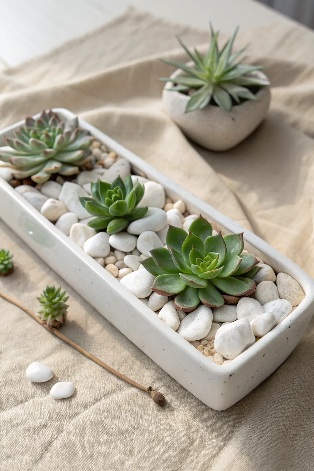 Minimal rosette succulent tray with white pebbles for a clean, airy Scandinavian-boho look