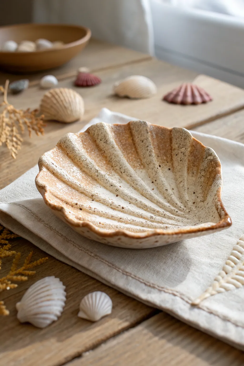 DIY air-dry clay seashell trinket tray in sandy neutrals, perfect for a breezy summer vibe.