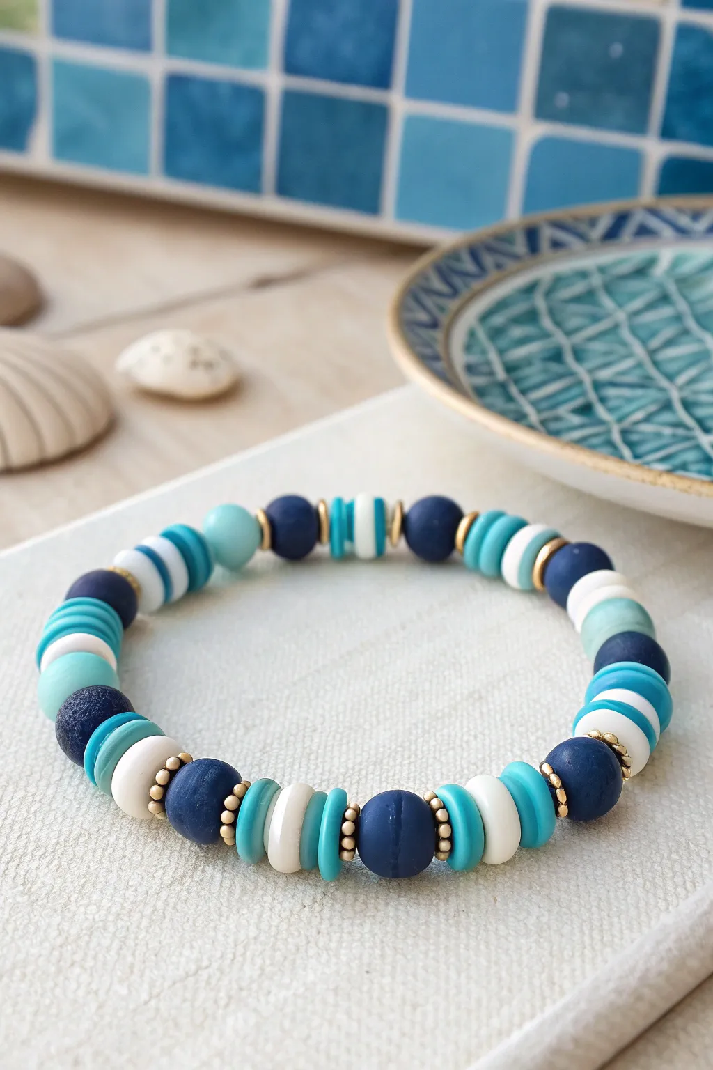 Ocean-blue wave clay bead bracelet in crisp white, minimal coastal style, clean and summery