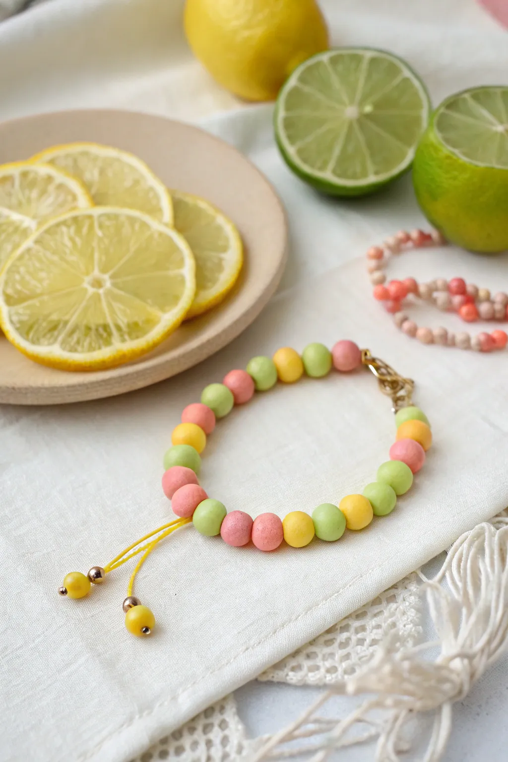 Citrus slice clay bead bracelet in zesty summer hues, styled simply with fresh fruit accents
