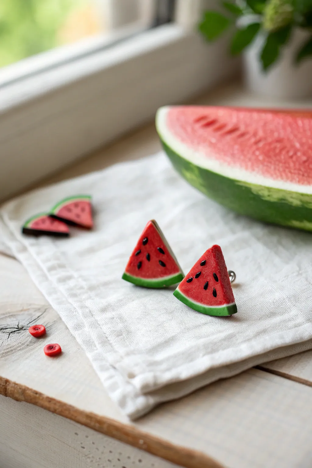 Sweet summer studs: polymer clay watermelon slice earrings with crisp rind and tiny seeds.