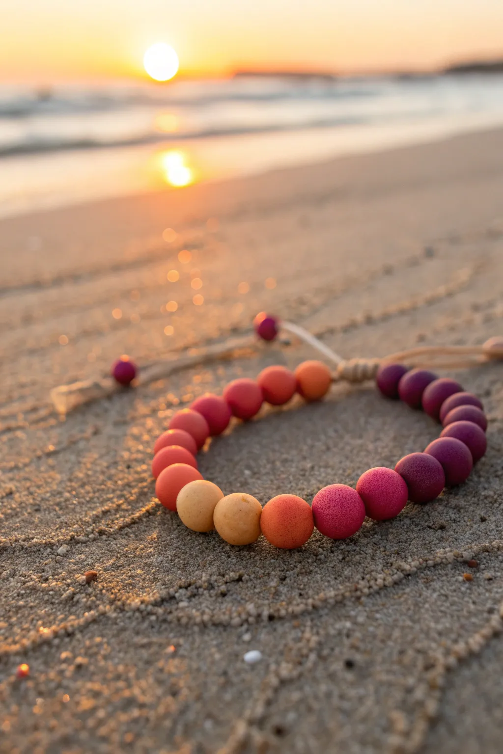 Sunset ombré clay bead bracelet glowing on warm sand, a simple summer statement piece.