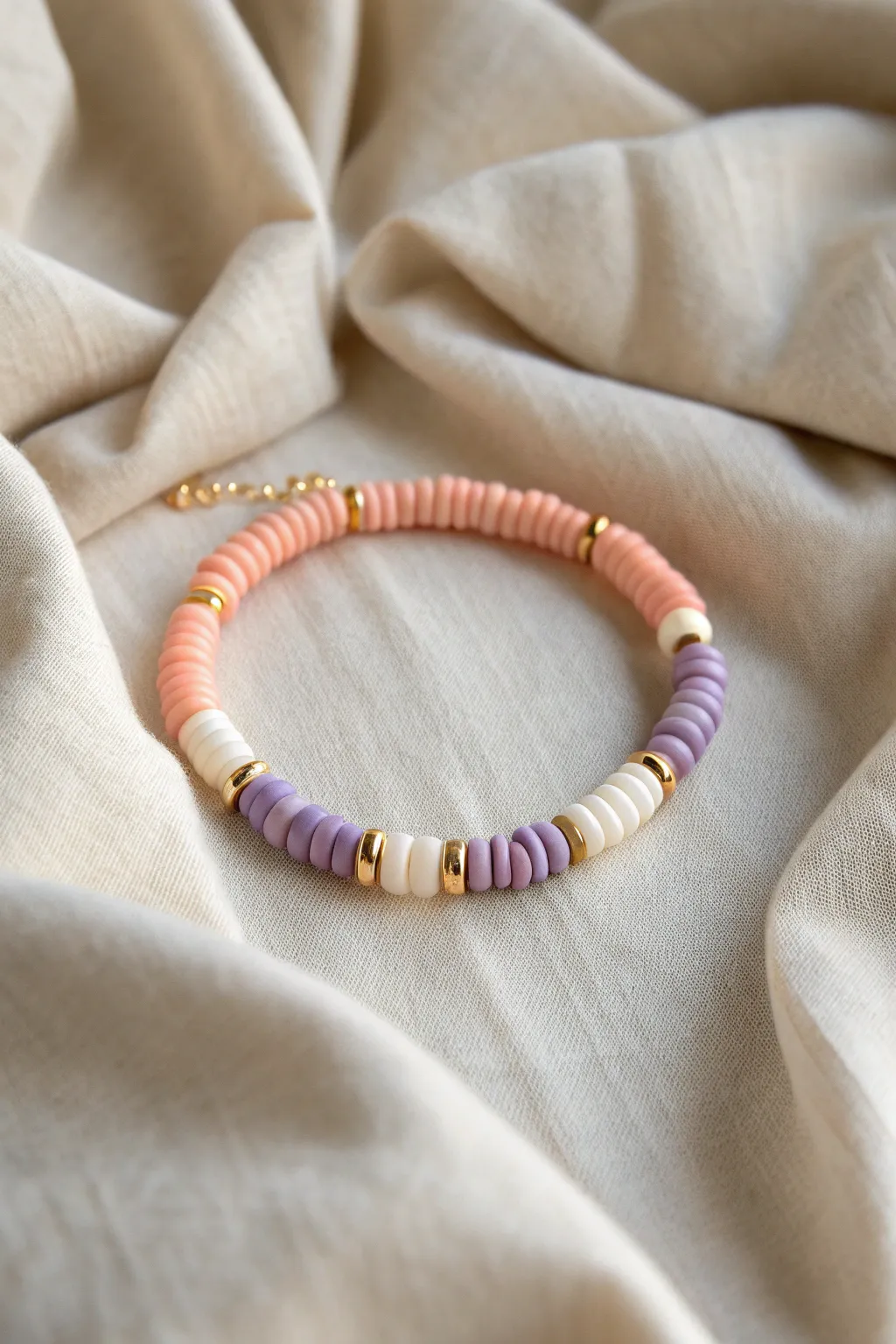 Cotton candy sunset bracelet in peach, pink, and lavender pastels on soft linen, dreamy and calm.