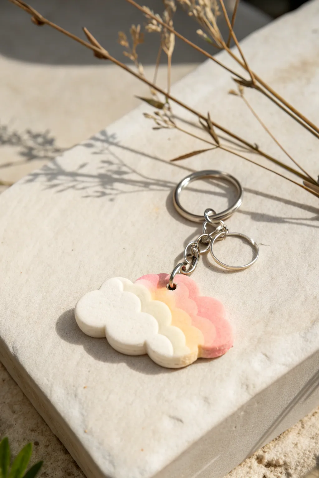 Puffy pastel super clay cloud keychain with soft gradients, styled on neutral linen for calm Nordic vibes.