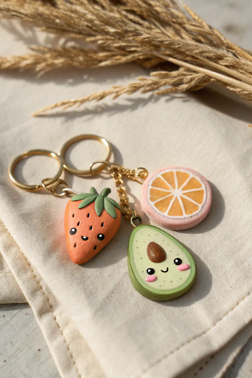 Sweet super clay fruit and veggie keychains in soft Scandinavian styling, bright pops on neutral tones