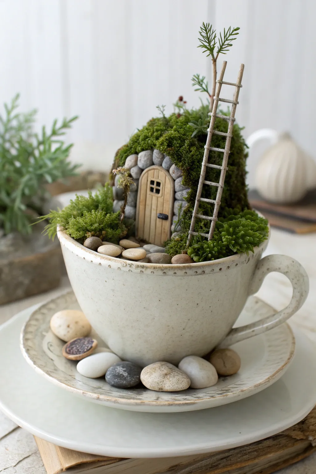 Mini fairy garden in a teacup with moss, pebbles, and a tiny door, simple and magical.