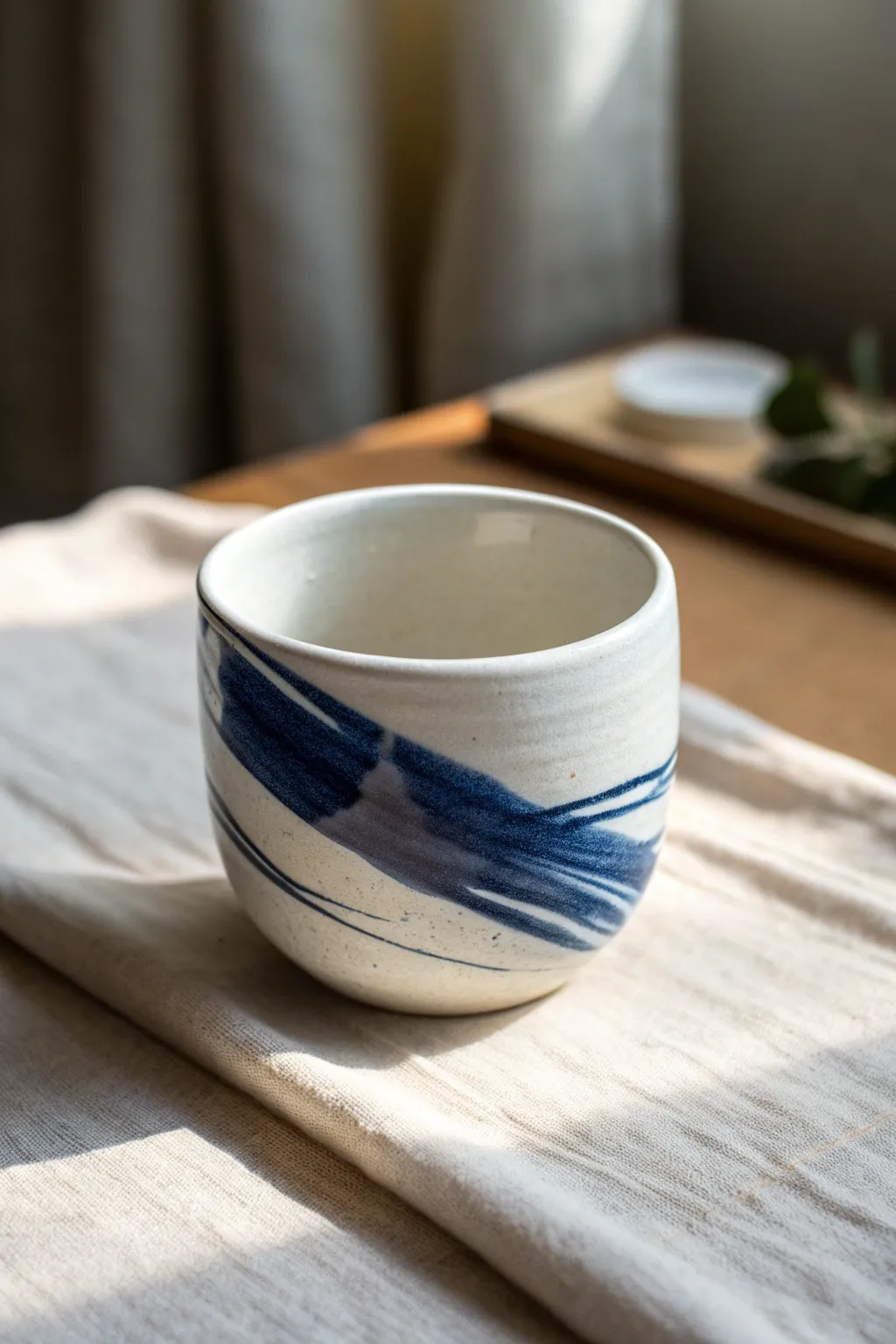 Minimal white tea cup with one deep indigo brushstroke for a calm, modern handmade look.