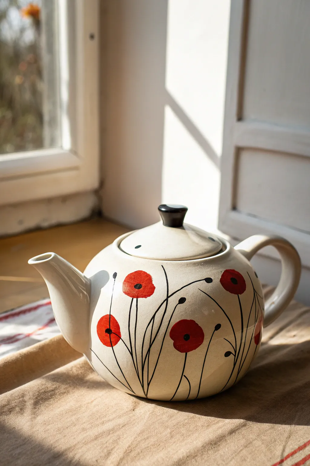 Minimal poppy-stem teapot painting with bold red dots for an easy, modern handmade look.