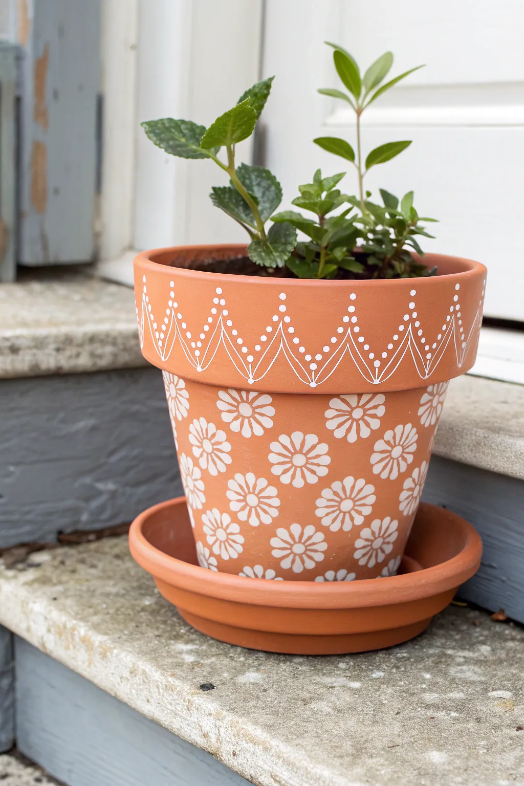 Simple stenciled terra cotta pot with boho tile pattern, perfect for a cozy porch plant.