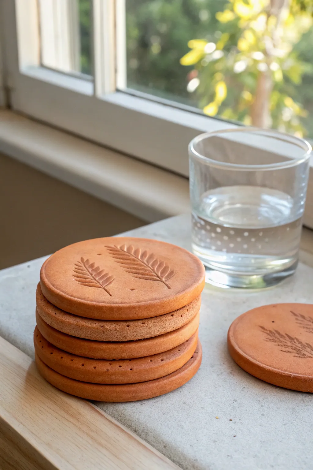 Stacked terracotta coasters with simple imprints beside a clear glass, minimal and handmade.