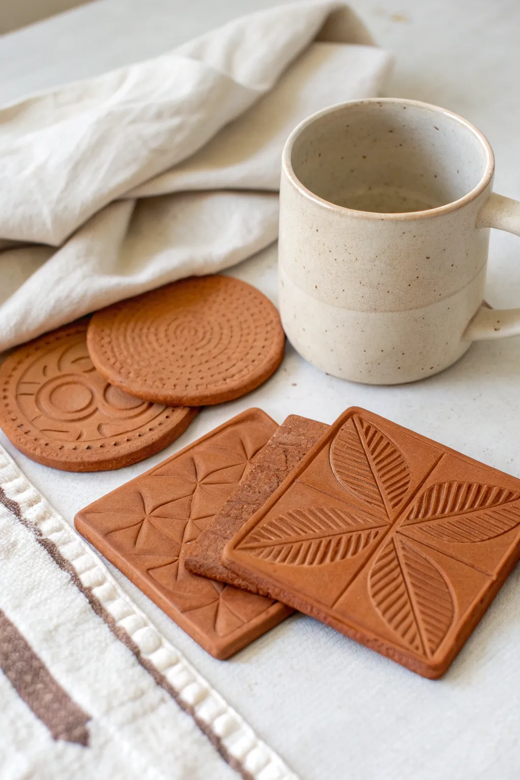 Textured terracotta coasters in warm earthy tones, styled minimal with a simple mug and soft light.