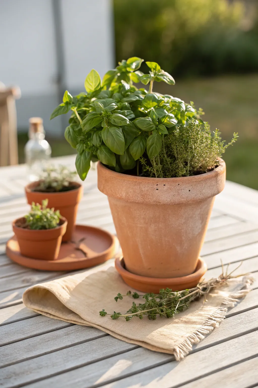 Terracotta herb pot centerpiece brings warm, rustic charm to a minimalist outdoor table.