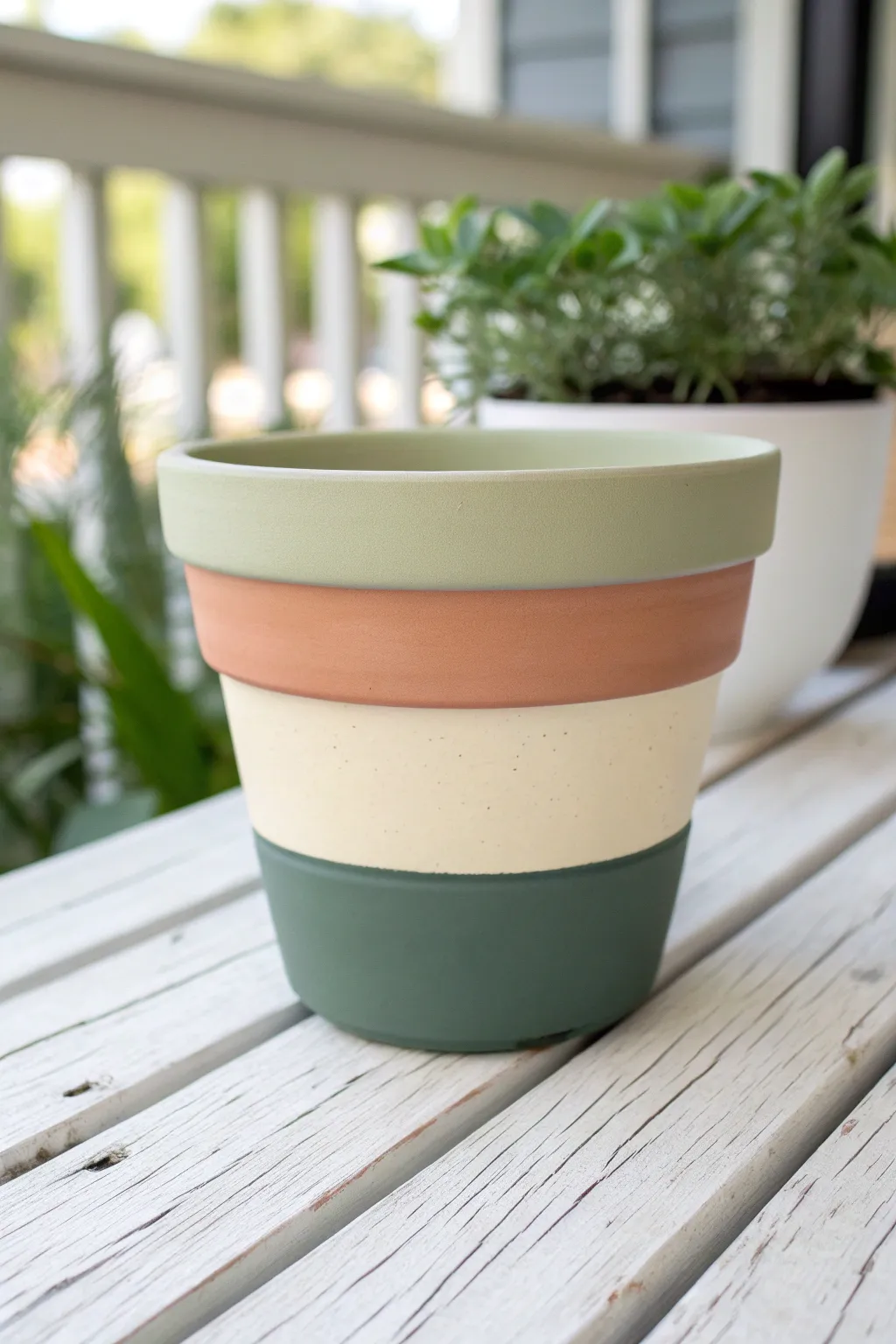 Modern color blocked bands on a terracotta pot, clean lines, bold contrast, easy DIY.