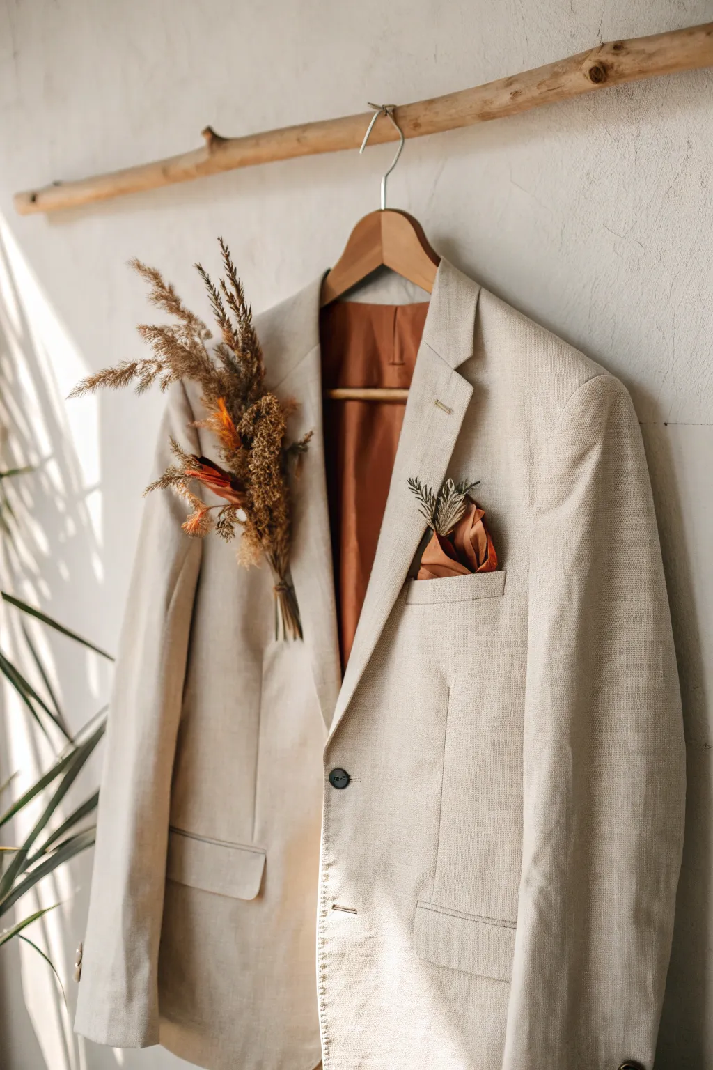 Neutral suit styling with a terracotta tie, pocket square, and dried rust boutonniere