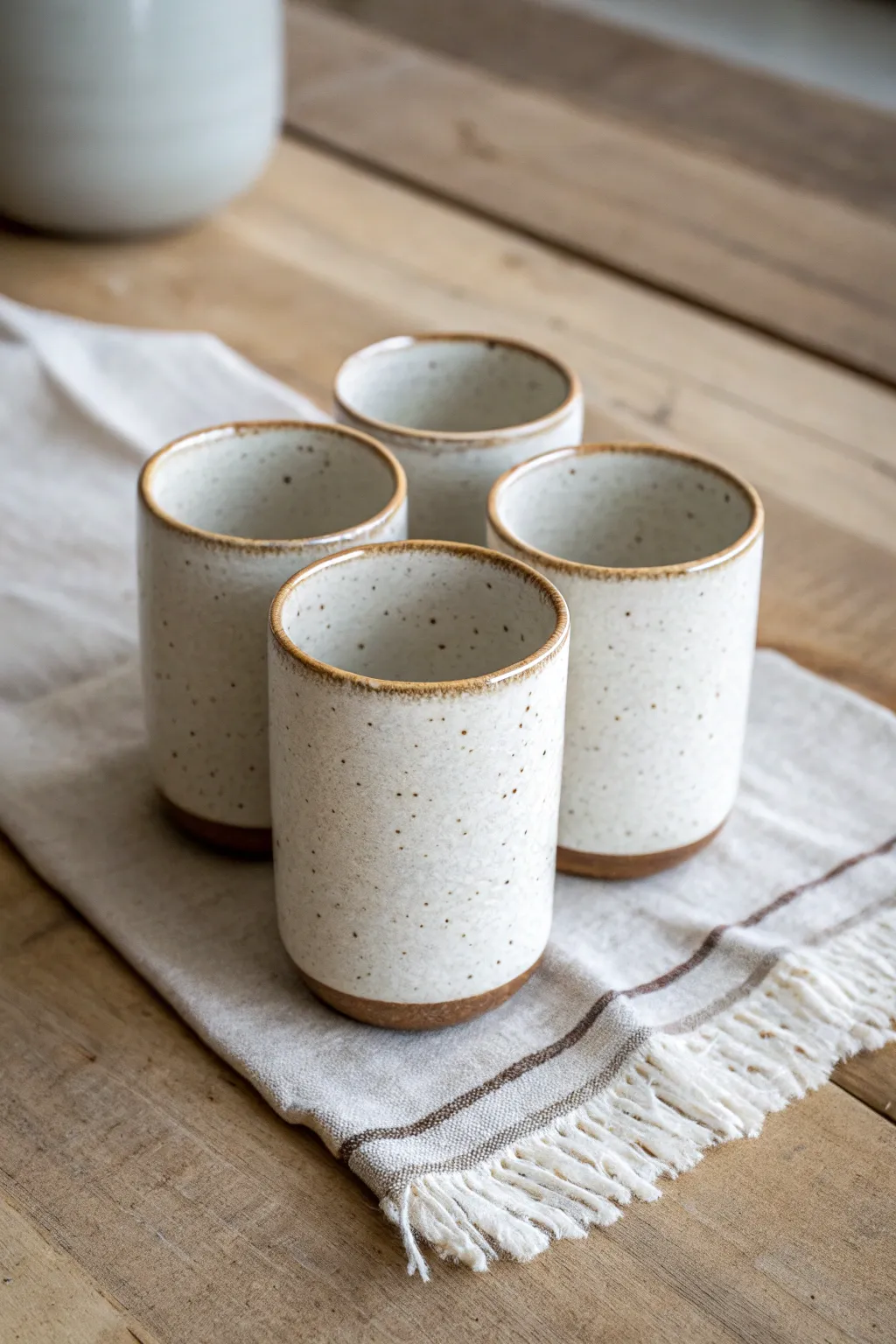 Straight-sided thrown tumblers with crisp rims and tiny foot rings, styled in a calm neutral set