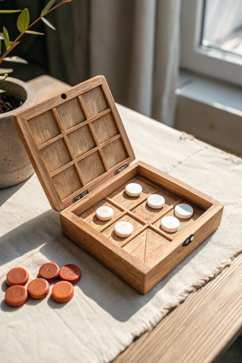 Pocket clay tic tac toe box with lidded board, two-tone tokens inside, minimalist travel charm