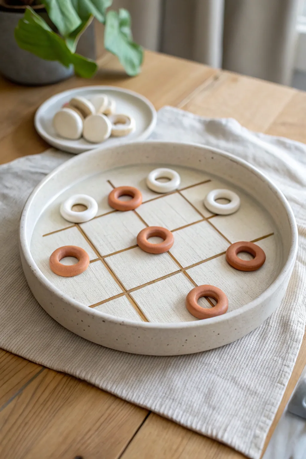 Minimalist clay tic tac toe dish with rimmed grid and simple pieces, styled on linen.
