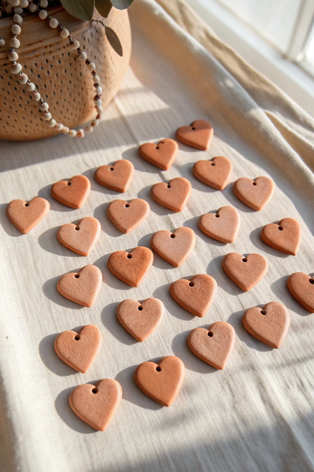 Sweet tiny heart charms in soft clay tones, neatly arranged for an easy air-dry DIY.