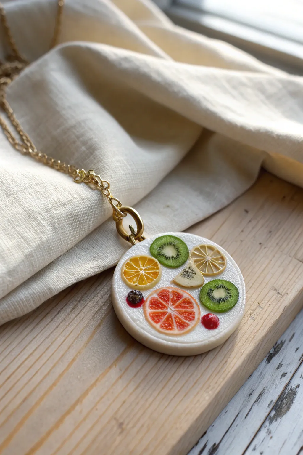 Colorful mini fruit slice cane pendant in a clean Nordic-boho flat lay with crisp contrast