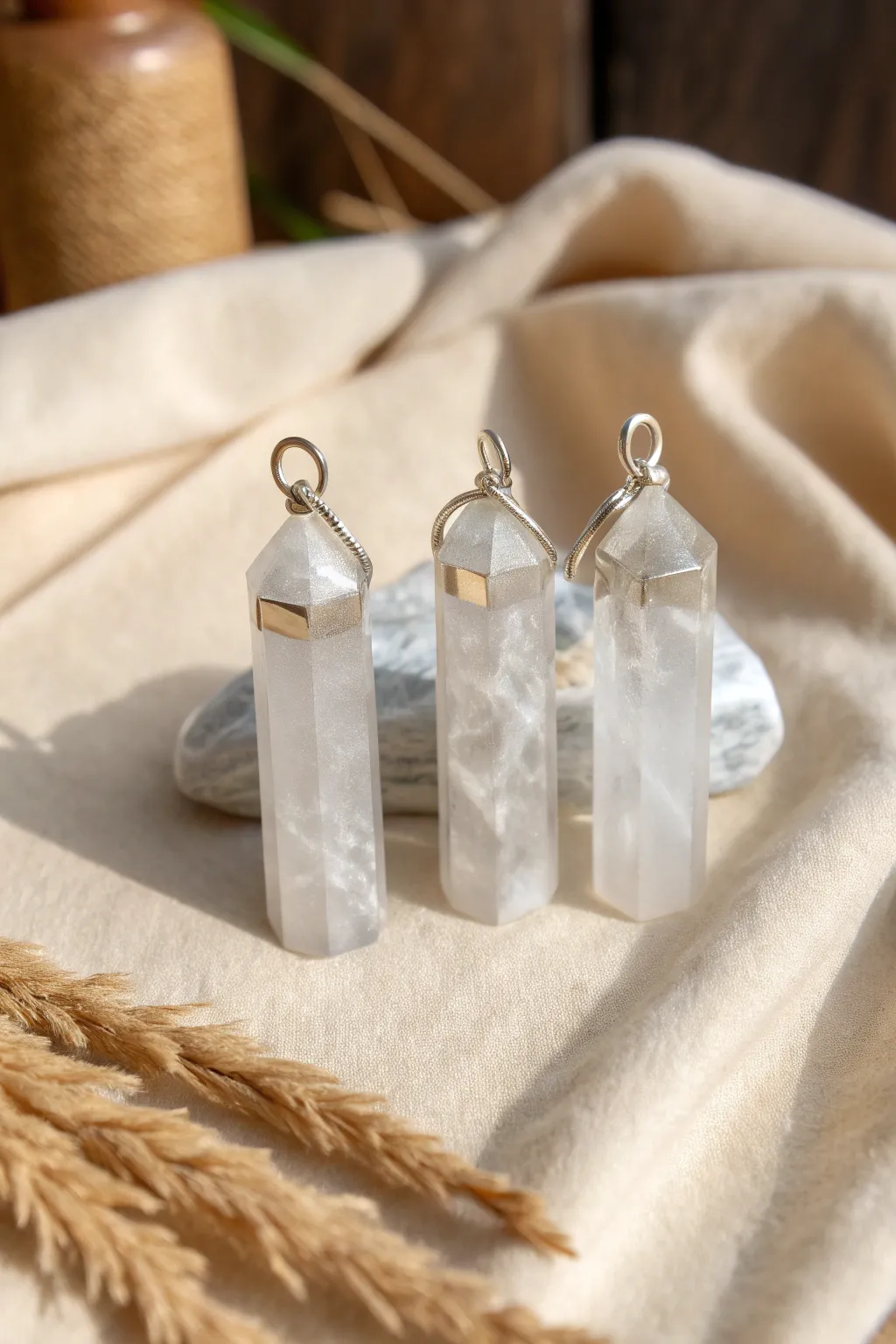 Cloudy quartz-style polymer clay points with milky swirls, glowing softly in natural light