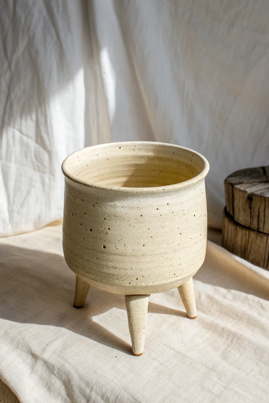 Altered cylinder tripod vessel with a soft triangular form, minimal feet, and warm speckled matte glaze.