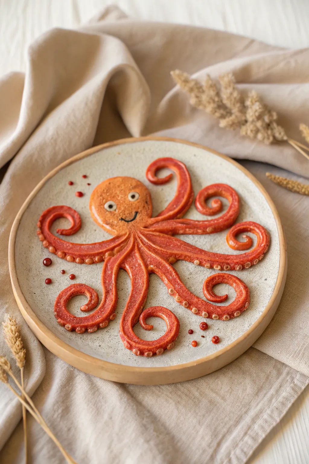 Bright clay octopus plaque with coiled curls and bubble dots, minimalist coastal charm
