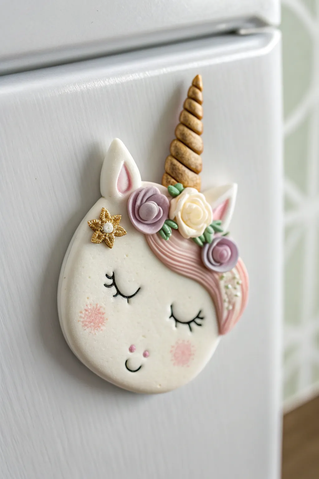 Sweet unicorn head magnet with pastel florals, minimalist and boho, perfect for a dreamy fridge touch